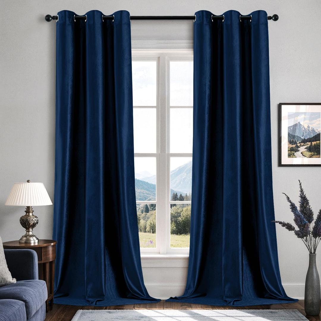 EMEMA Navy Blue Velvet Curtains 84 Inch Length 2 Panels Set, Elegant Blackout Curtains for Bedroom, Grommet Thermal Insulated Soundproof Room Darkening Window Drapes for Living Room W42 x L84