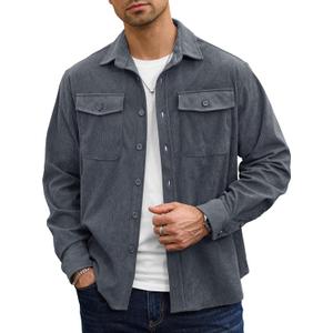 Men Corduroy Shirt Button Down Casual Ribbed Lightweight Jacket with Flap Pockets (S-XXL) (Grey)