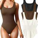 OQQ Women's 3 Piece Bodysuits Sexy Ribbed Sleeveless Square Neck Tank Tops Leotard 2025 Trendy Outfits (Black, Coffee & Beige) M