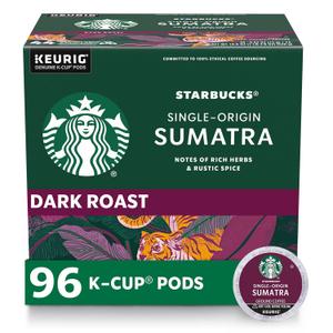 Starbucks K-Cup Coffee Pods, Dark Roast Coffee, Sumatra for Keurig Brewers, 100% Arabica, 4 boxes (96 pods total), Best By: 20 SEP 2026