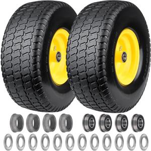 2 Pcs 15x6.00-6'' Lawn Mower Tires Flat Free, 15 nhs Solid Tire and Wheel with 3/4" & 5/8" Precision Bearings, 1" Bushings, 3"-3.5" Centered Hub for Craftsman John Deere Husqvarna Riding Mowers
