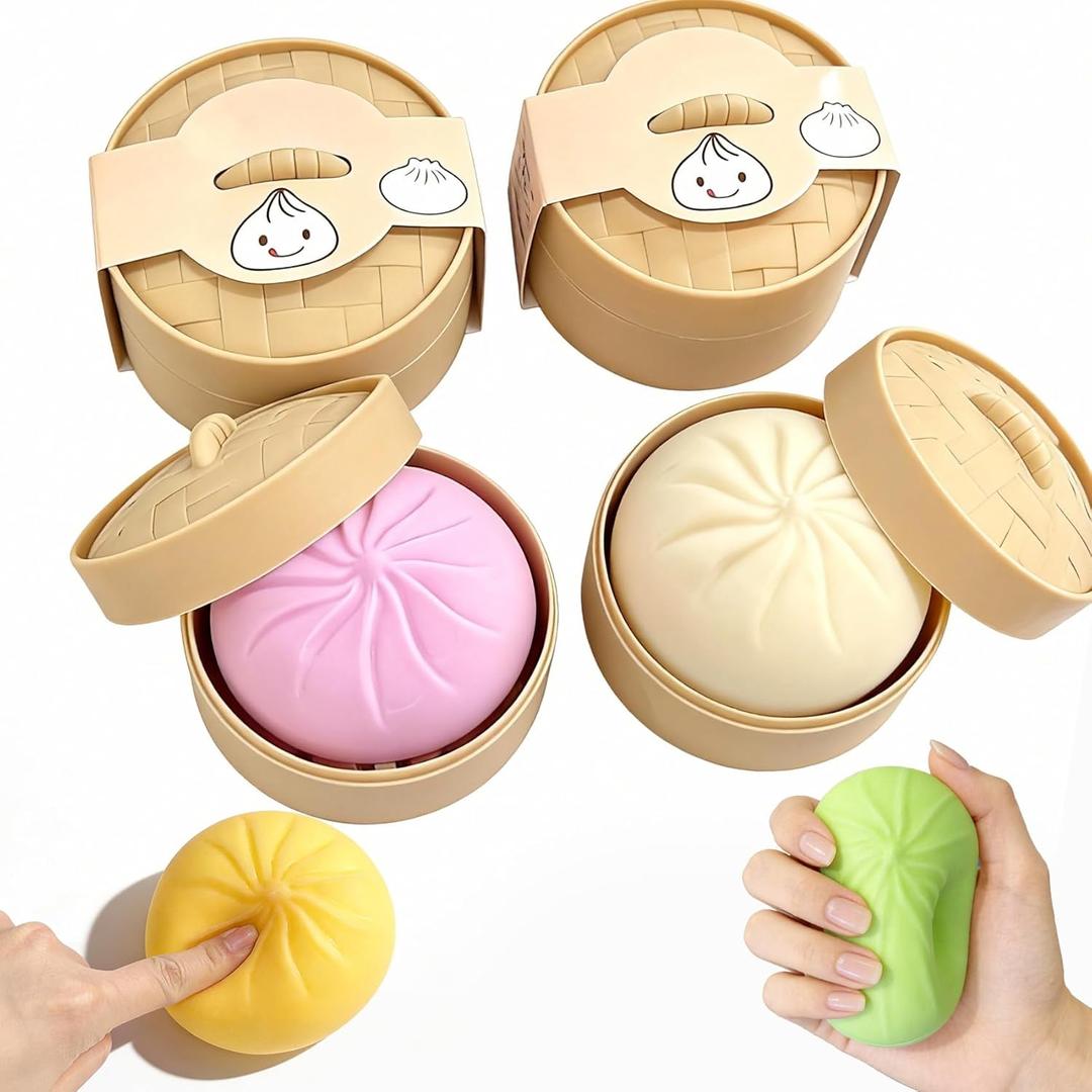 Giant Dumpling Squishy Fidget Toy with Steamer Case - Jumbo Steamed Bun Sensory Stress Relief Ball - Novelty Desk Squeeze Anxiety Relief Gift for Adults & Teens (All)