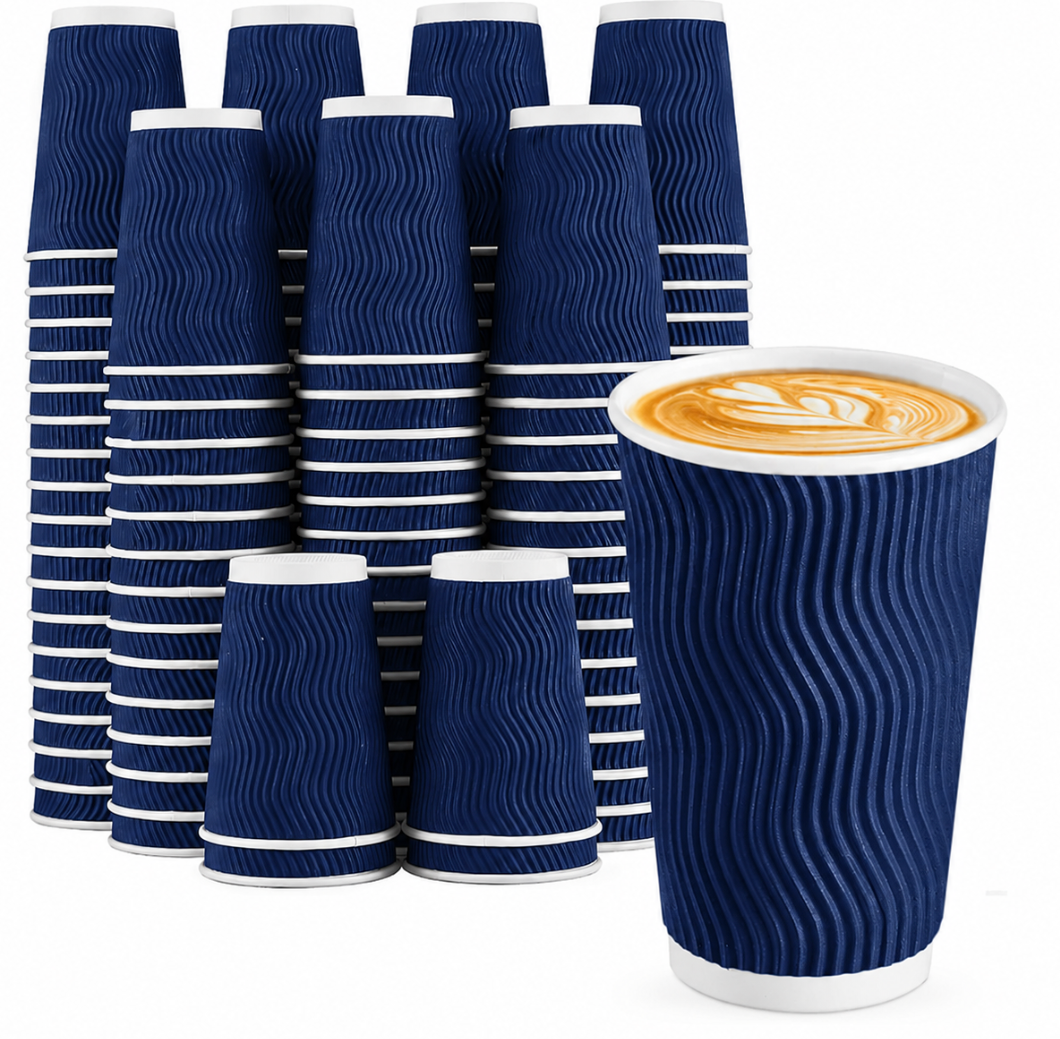 Lamosi Disposable Coffee Cups 16 OZ 90 Pack, Paper Coffee Cups 16 OZ for Hot Drinks or Cold Beverages, Insulated Corrugated Ripple Wall Cup No Lids for Office, Cafe, Home or Travel (Navy)