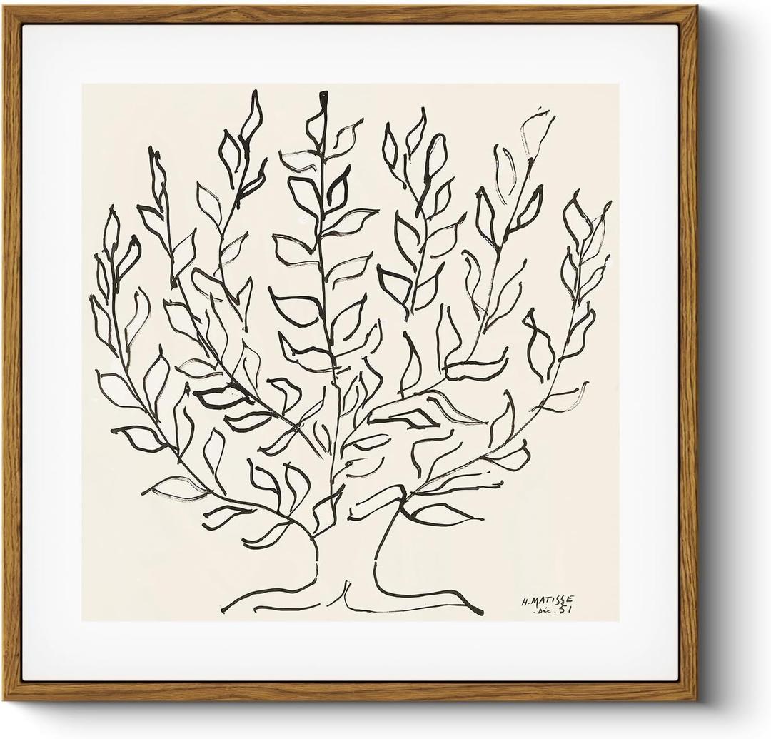 HUARCEY Vintage Framed Canvas Wall Art Plain Tree Drawing, Boho Modern Home Decor, Square Botanical Art for Living Room Bedroom Bathroom, Minimalist Black and White Canvas Leaf Art 12x12