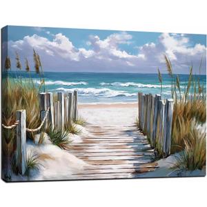 Bathroom beach picture wall art, blue ocean painting decorate bedroom, relax sea view artwork, 16"L x 24"W