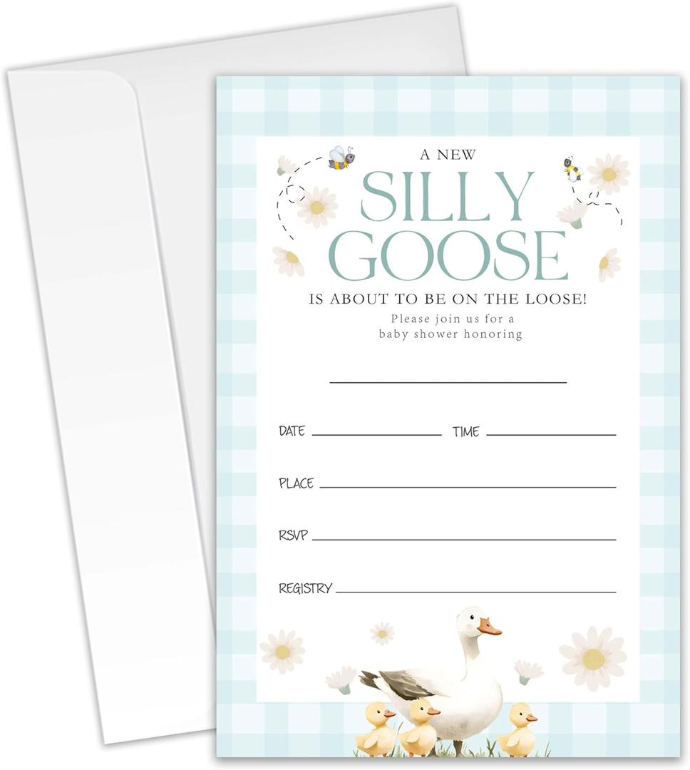 Silly Goose Baby Shower Invitations - 20 Invitation Cards 4"x6" with 20 Envelopes - A New Silly Goose Is About To Be On The Loose - Cute Baby Shower invites.(073)