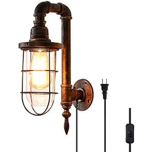 Industrial Plug in Wall Light E26 Base Edison Wire Retro Style Vintage Wall Lights with 5.9Ft Adjustable Plug in Cord Rustic Wall Sconce Fixture for Headboard Bedroom Porch - Cage