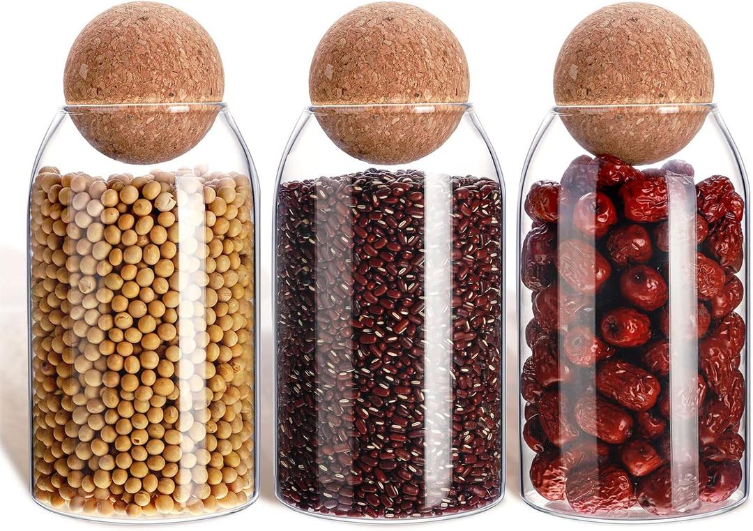 3 Pcs Glass Jar with Ball Cork Lid Decorative Round Bottle Sealed Canister Jar Storage Container Organizer with Airtight Seal Wooden Lid for Food Coffee Bean Candy Biscuits Spice(800 ML/ 27 Oz)
