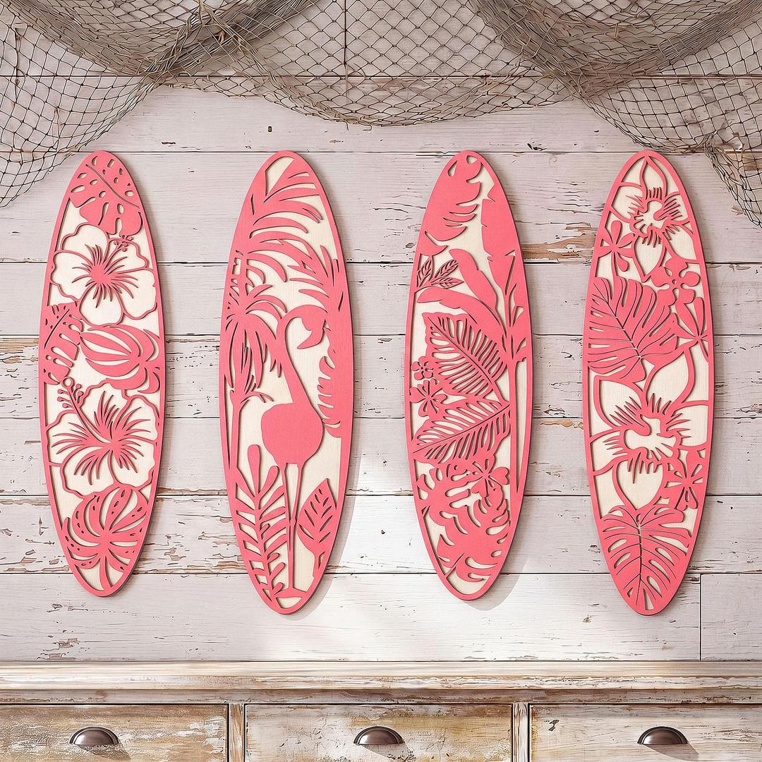Geetery 4 Pcs Surfboard Wall Decor Carved Hollow Wooden Tropical Beach Art 19.7 x 5.5 Inch Surf Board for Beach Room Living Room, Pink