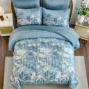 Drucon Blue Floral Comforter Set King Size, 7 Piece Dandelion Botanical Plant Comforter Bedding Set, Bed in a Bag King, Soft Microfiber Complete Bedding Set with Sheets for All Season