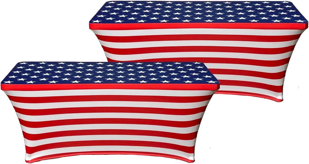 HandinHandCreations USA American Spandex 6FT Tablecloth 2 Pack - Washable, Fitted and Wrinkle Resistant Rectangular Table Cover for 4th of July, Memorial Day, America Party Celebration (Red White Blue)
