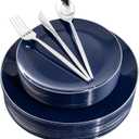 I00000 150Pcs Blue Plastic Plates,Hanukkah Plastic Plates,Navy Blue Disposable Plates with Silverware include 30 Dinner Plates10.25,30 Dessert Plates10.25,90 Silver Silverware Set for Party