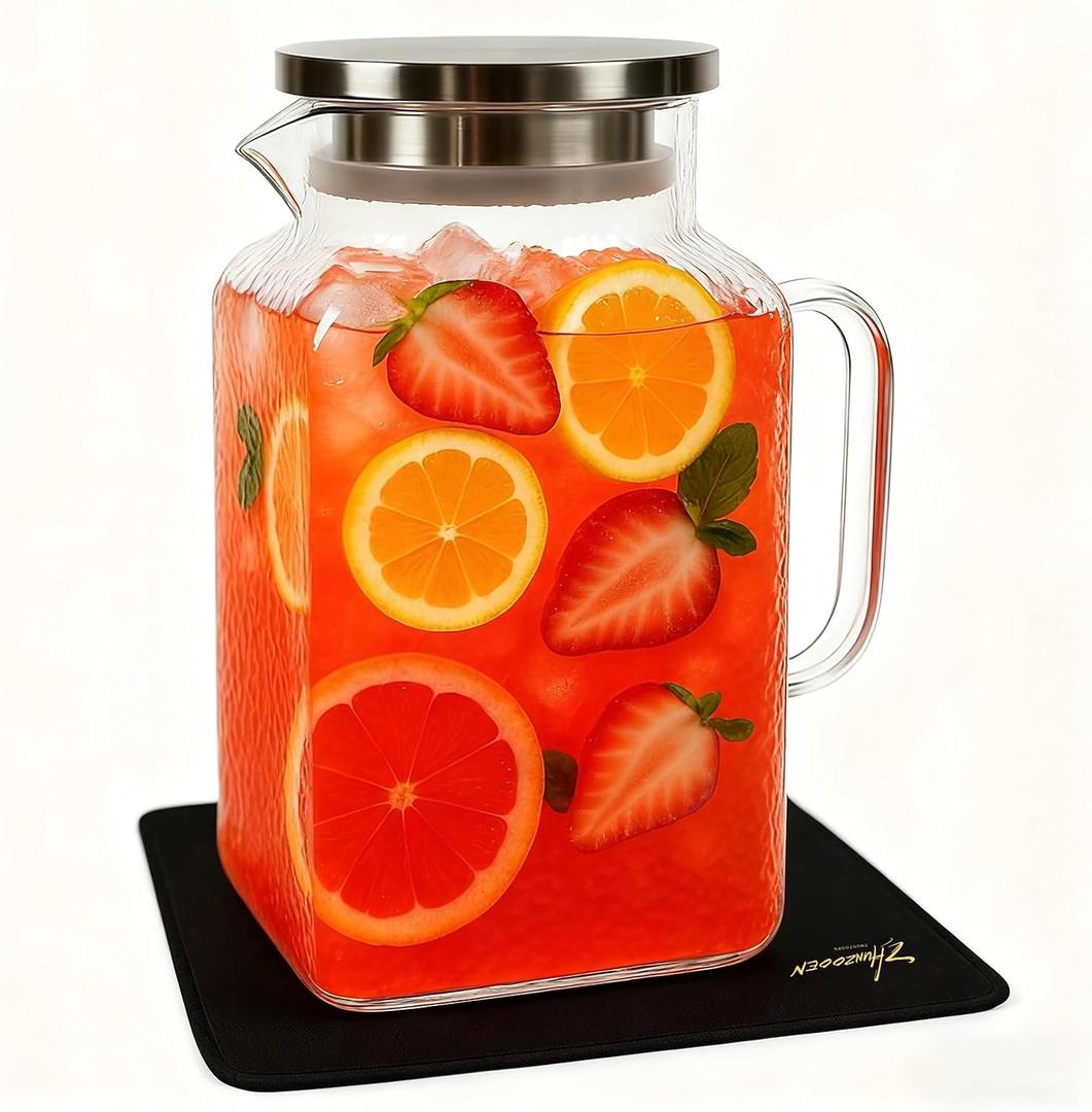 1 Gallon Glass Pitcher with Lid, Glass Water Pitcher with Handle for Fridge, Iced Tea Pitcher, Cold/Hot water jug,Large Jug for Coffee, Juice and Homemade BeverageFree anti-scratch pad