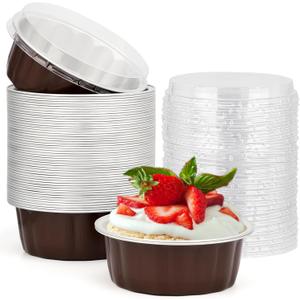 Beasea 8oz Disposable Ramekins, 50 Pack Aluminum Foil Cups with Lids, Baking Ramekin Cup Souffle Cup Muffin Cupcake Baking Cup Mini Pudding Cups for Party Wedding Birthday - Coffee Brown