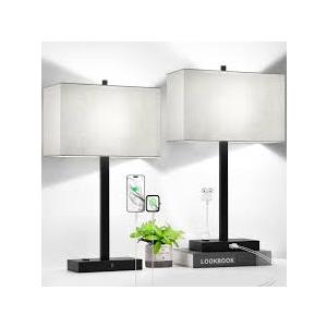 21" Set of 2 Touch Control Table Lamps with 2 USB & AC Outlets, 3Way Dimmable Modern Nightstand Lamps for Bedroom Living Room Office Reading, White Shade Bedside Lamps, 5000K LED Bulbs Included.