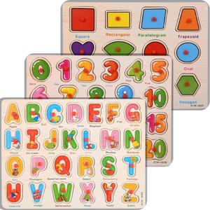 3-Pack Alphabet, Numbers & Shapes Puzzle Wooden for Toddlers 3+ Years Old | ABC & 123 Shape Learning Toys with Board & Blocks | Preschool Education for Girls and Boys, Large