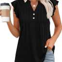 OFEEFAN Summer Tops for Women Button Down Blouses for Women Dressy Casual V Neck T Shirts Ruffle Sleeve (Black, M)