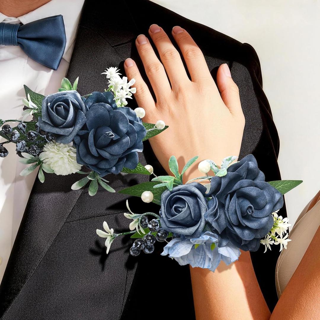 Blue Rose Corsage and Boutonniere Set, Prom Flower Wrist Corsage for Wedding Bridesmaid Mother Grandmother, Artificial Flowers for Homecoming Party Anniversary Graduation Decor