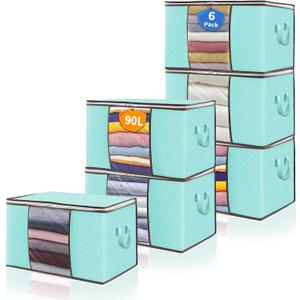 90L Clothes Blanket Storage Bags, 6 Pack Under Bed Storage Bins with Lids, Foldable Closet Organizer with Reinforced Handles for Clothing, Blanket, Comforters, Bed Sheets, Pillows and Toys, Blue