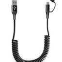 Coiled Phone Car Charger Cable - USB-C and Lightning 2-in-1 Charging Cable, 40cm to 4ft Extendable Cord for CarPlay & Auto, Tangle-Free Android/Phone Car Accessories (Black)