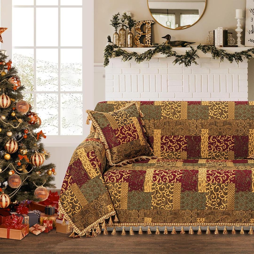 Loom and Mill Luxury Sofa Covers, Classic Patchwork Damask Jacquard Thick Chenille Couch Cover Furniture Protector with Lace Edge and Handmade Tassels for Pet, Dogs and Cats (Red&Gold, 71x118 inch), Red&gold Patchwork