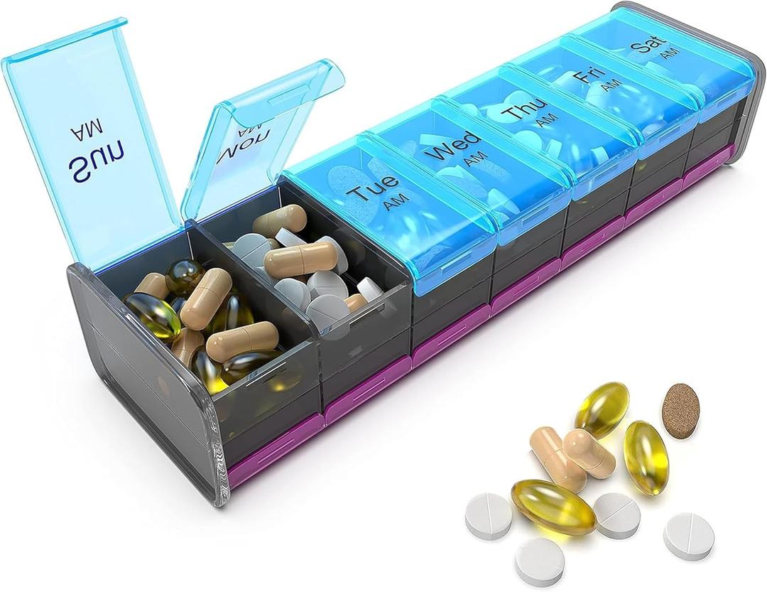 Extra Large Pill Organizer- XXL Pill Box 7 Day - Weekly Pill Organizer with AM PM Large Compartments Big Pill Case for Supplements Jumbo Pill Holder for Vitamins Huge Medicine Organizer 2 Times a Day (Purple/Blue)