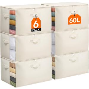 Lifewit Canvas Cotton Comforter Storage Bags with Zipper 6 Pack, 60L Breathable Foldable Clothing Containers, Linen Sweater Organizers Boxes for Clothes, Blankets, Pillows, Duvets, Bedding