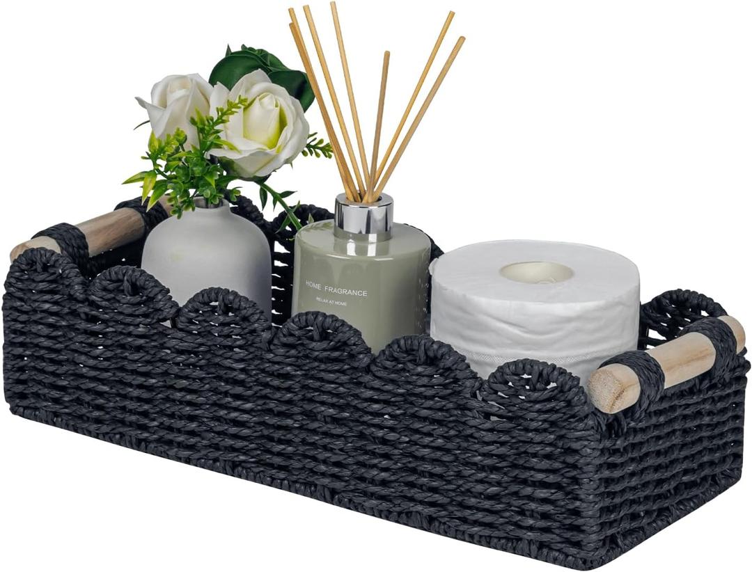 CubesLand Toilet Paper Storage Basket Scalloped Edge Home Decor Basket, Living Room Cozy Decor, Paper Rope Small Baskets for Over Toilet Storage Shelf, End Table, Shelves, with 2 Wooden Handles, Black (M - 14"L x 6.3"W x 3.9"H)