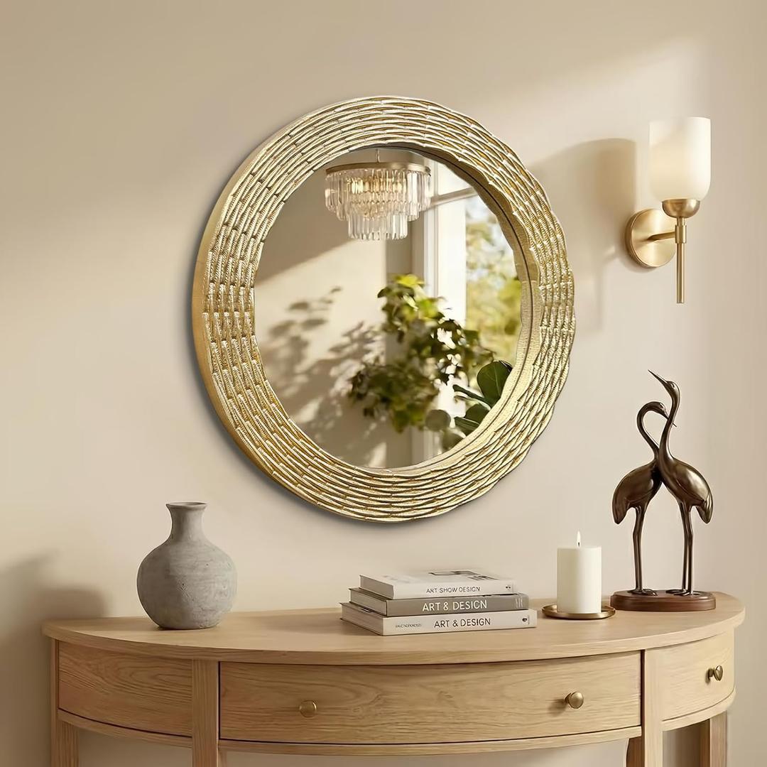 WAMIRRO Gold Round Wood Wall Mount Mirror, 24 Inch Hand Carved Solid Wood Frame Circle Mirror, Farmhouse Boho Decor for Living Room, Bathroom, Bedroom, Hallway & Entryway