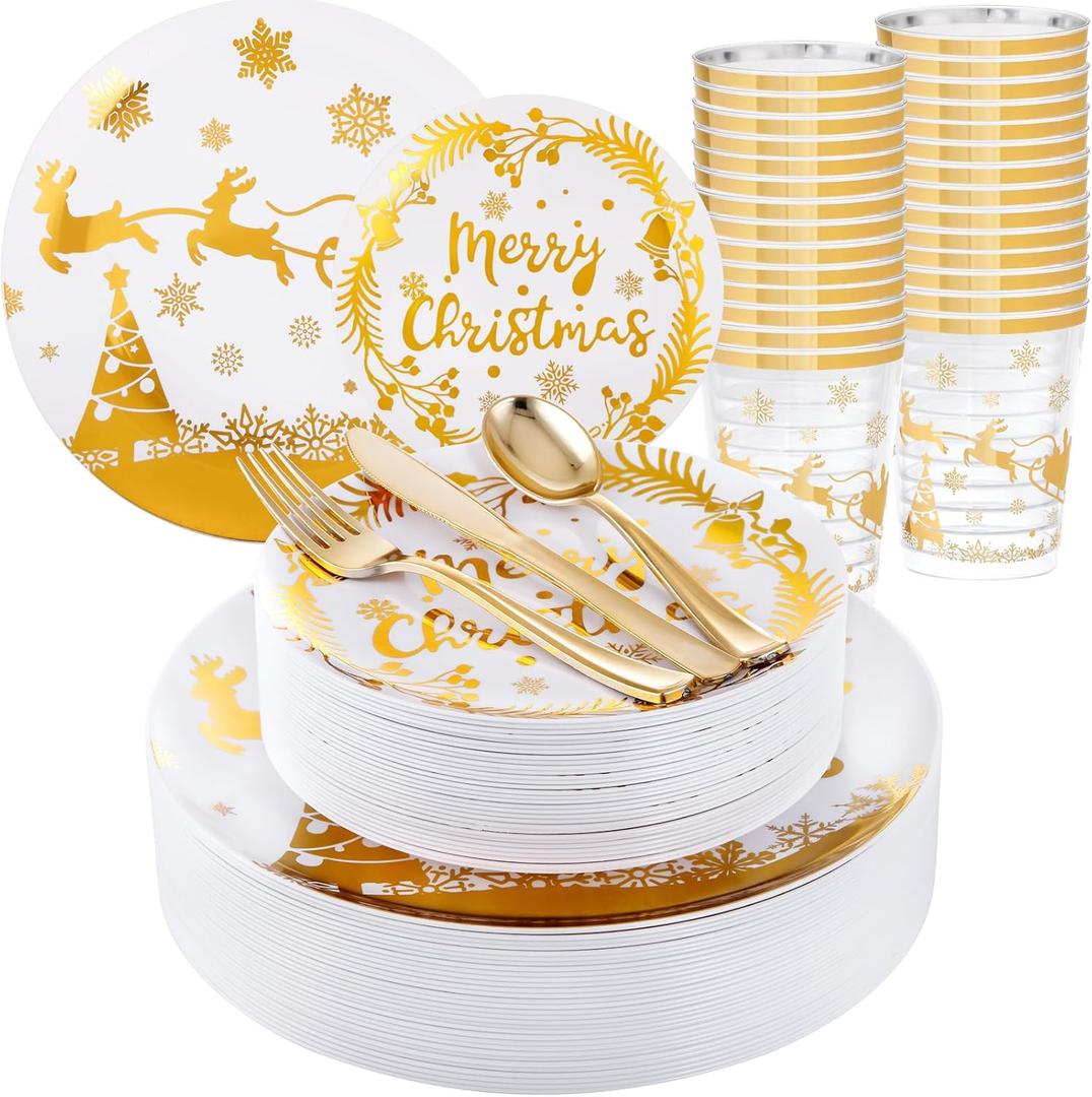 Supernal 150pcs Christmas Plates, Christmas Plastic Dinnerware include Gold Plastic Plates,Gold Disposable Silverware, Disposable Cups, Xmas Party Plate for 25 Guests