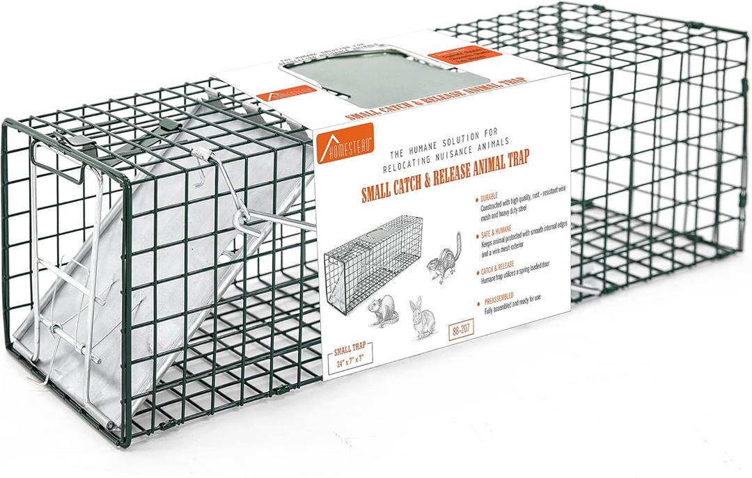 HOMESTEAD Heavy Duty Live Trap - Professional Style One-Door Live Animal Traps for Rabbit, Squirrel, Possum, Skunk, Kitten, Mink Small HOMESTEAD Heavy Duty Live Trap - Professional Style One-Door Live Animal Traps for Rabbit, Squirrel, Possum, Skunk, Kitten, Mink Small