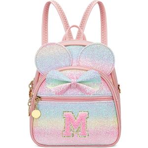 KKXIU Initial Bowknot Mini Backpacks for Girls Women, Small Cute Backpack Purse, Personalized Birthday Gifts for Toddler, Kids and Teen Girls(M, Rainbow)