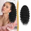 PEACOCO Ponytail Extension 16inch Long Synthetic Drawstring Ponytail Afro Curly Fluffy Pony Tail for Black Women Daily Use, Black Brown