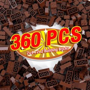 360 Pieces Building Bricks, Classic Basic Flats Parts and Pieces - 2x4 Brick x200 and 2x2 Brick x160, Moc Building Bulks Compatible with All Major Brands, Brown