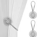 SUQ I OME 2 Pack of Crystal Curtain Magnetic Tieback Flower Curtain Clips Buckle with Stretchy Wire Rope Curtain Holdbacks for Home Office Decoration