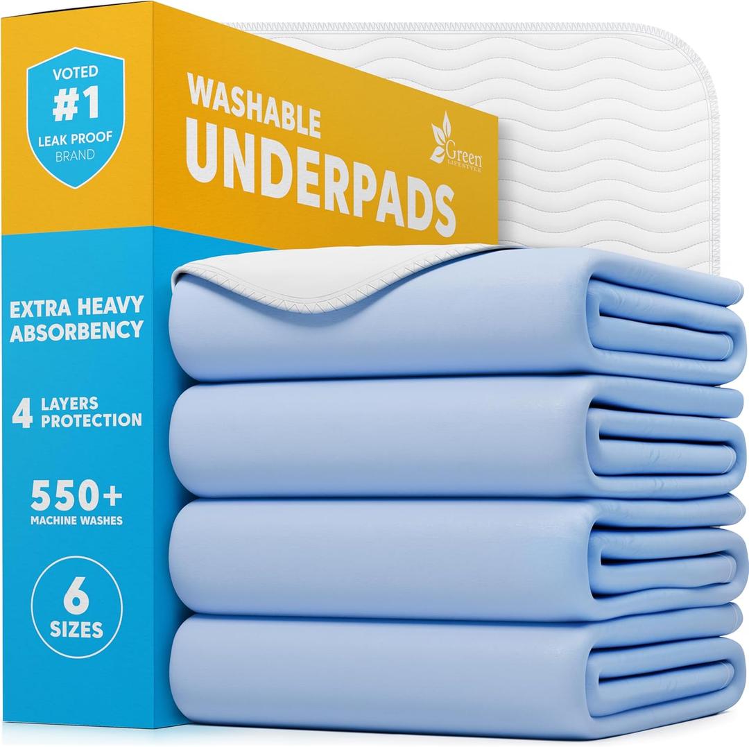 GREEN LIFESTYLE Washable Underpads - Large Bed Pads for use as Incontinence Bed Pads, Reusable Pet Pads, Great for Dogs, Cats, Bunny, Seniors Bed Pad (Pack of 4 - 34x36) (Blue/White)