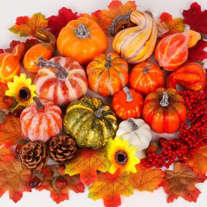 Atonofun Thanksgiving Artificial Pumpkins Fall Decorations for Home, 88 Pcs Decor- 50 Leaves, 20 Acorns, 2 Pinecones, 14 Fake Pumpkins, 2 Sunflowers, Thanksgiving Fall Harvest Home Table Centerpiece