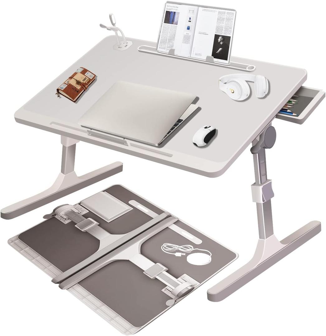 Lap Desk for Laptop,Laptop Desk for Bed,Adjustable Laptop Stand for Bed with USB Charge Port,Lap Desk Bed Tray Table,Foldable Portable Laptop Table for Sofa Floor Desk for Adults,Kids (Pearl White)
