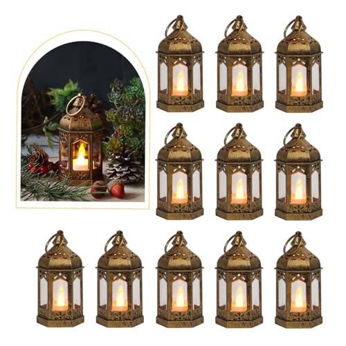 LLQ 7Pcs Mini Lantern with LED Tealight, Vintage Brown Lanterns Decorative, Hanging Candle Lanterns for Ramadan Christmas Wedding Table Centerpiece Indian Diwali Decor, Garden Fairy Party Decorations