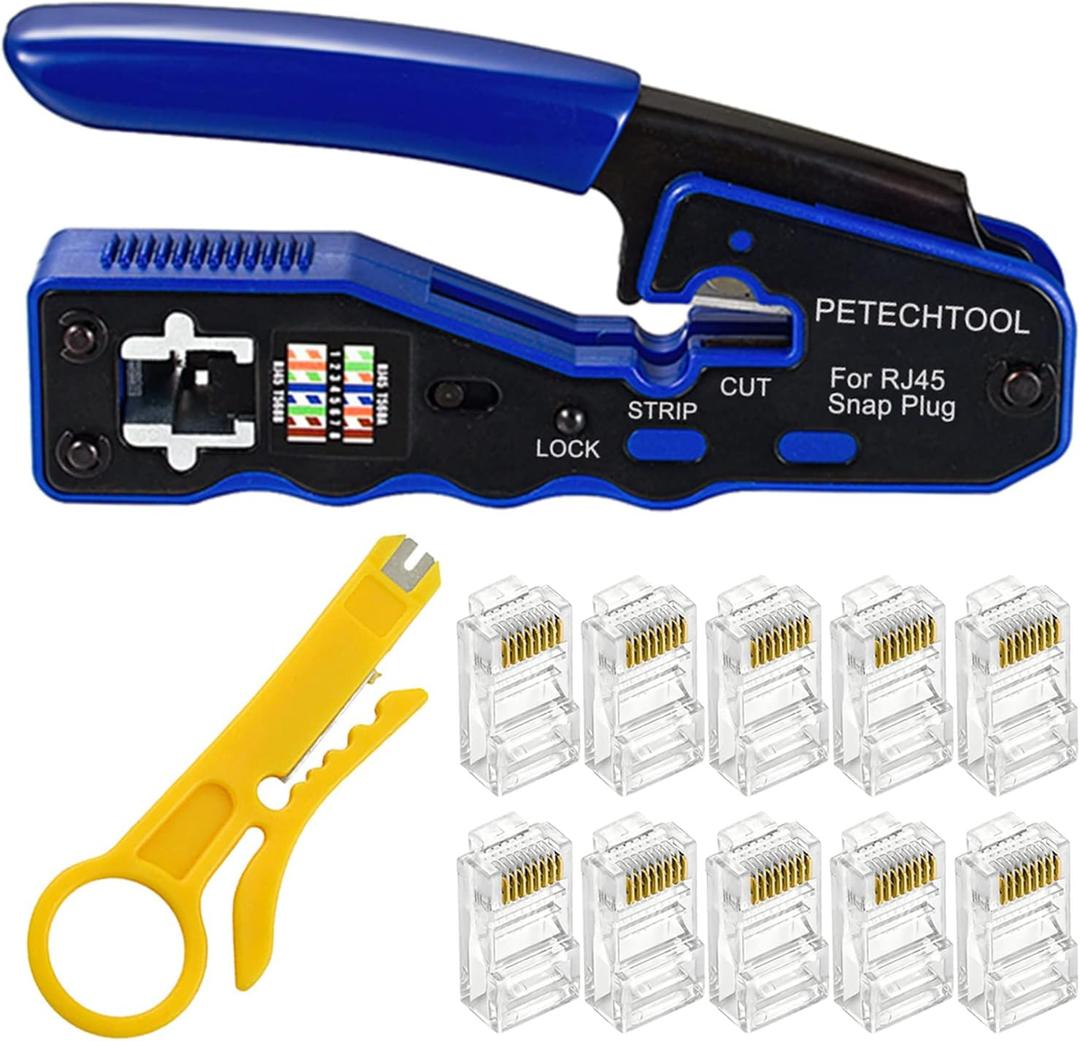 RJ45 Crimp Tool Kit Ethernet Crimping Tool Wire Crimper Stripper Cutter for Cat5e Cat6 Cat6a Pass Thrugh Connectors with 10 pieces Cat6 Connectors and 1 piece mini wire stripper