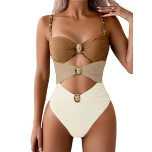 Verdusa Women's Cut Out Colorblock One Piece Swimsuit Ruched Swimwear Bathing Suit Brown Beige, Size: Large Verdusa Women's Cut Out Colorblock One Piece Swimsuit Ruched Swimwear Bathing Suit Brown Beige, Size: Large