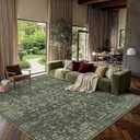 10x12 Green Washable Area Rugs for Living Room Vintage Boho Non Slip Large Rug Distressed Floral Carpet Indoor Retro Soft Low Pile Farmhouse Throw Rug for Bedroom Dining Nursery Office