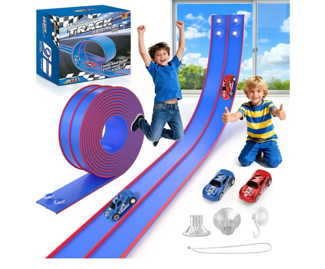 Flexible Race Track for Kids - 15 Ft DIY Car Track Set with 2 Toy Cars & 3 Strong Suction Cup Ramps | Toys for Boys Girls Ages 3+ (Blue)