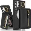 for Samsung Galaxy S22 Ultra Phone case with Card Holder with Compatible magsafe Magnetic, Key Chain PU Leather Flip Kickstand Detachable 2-in-1 Wallet case Women Men-Black