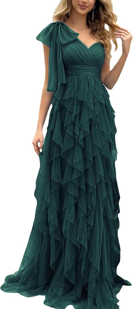 VOUIAO Summer Women Tulle Prom Dress Elegant Bow One Shoulder Slit Evening Party Gown Wedding Guest Bridesmaid Maxi Dress Dark Green XL
