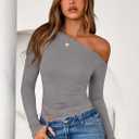 PRETTYGARDEN Womens Off the Shoulder Long Sleeve Shirts | Soft Stretchy Knit Blouse, Slim Fit Asymmetrical Tees, Ruched Going Out Y2K Tops, Spring Fall Trendy Clothes for Date Night (Gray, XL)