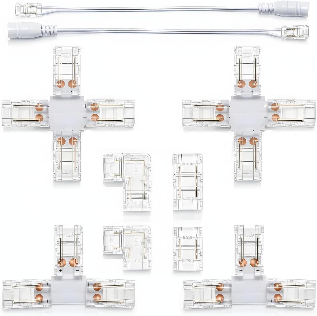 8mm Led Strip Light Connector, L-Shaped/Corner/T-Shaped/Cross Connectors 2-Pin COB Light Connector with DC Female Plug Extension Connectors Led Lights Plug for DIY Lighting Projects, 5v/12v/24v