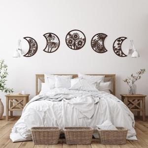 Jetec 5 Pcs Moon Phase Wall Hanging Decor Art Above Bed 10.6" H Boho Moon Phase Wood Wall Pediment Ornament for Living Room Bedroom Home Decoration Room Apartment Bar(Brown)
