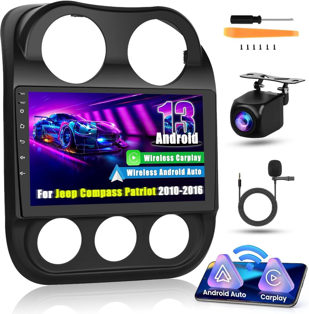 Android 15 Car Stereo for Jeep Compass Patriot 2010-2016, 10.1 inch with Wireless Apple Carplay Android Auto, GPS Navigation, WiFi, HiFi, Bluetooth, FM, SWC, Jeep Compass Radio with Mic, Backup Cam