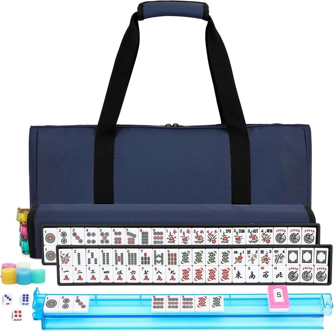 American Mahjong Tile Set,166 White Tiles Mahjong Set,4 Colors Mahjong Racks,Travel Mahjong Set with Blue Carrying Bag, Blue 